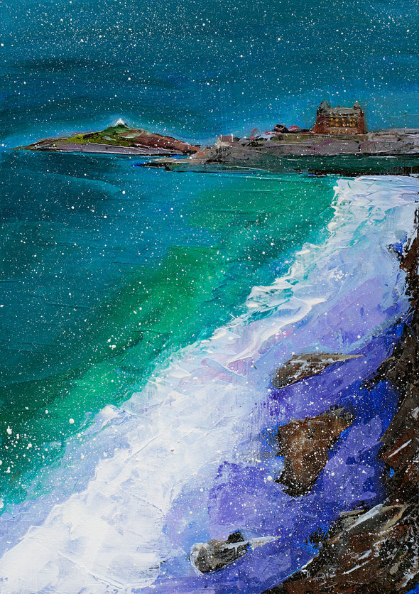 Snowy Fistral, Cornwall Art Greeting Card by Sarah Eddy
