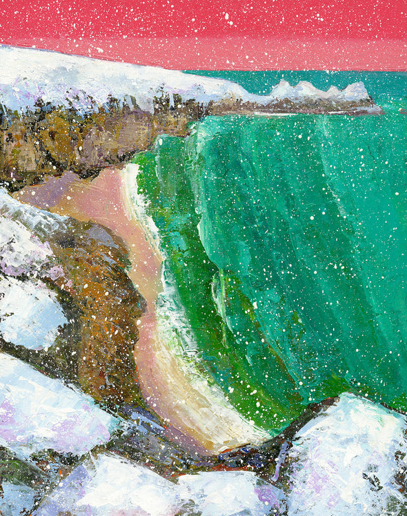 Snowy Porthcurno, Cornwall Seasonal  Christmas Art Greeting Card