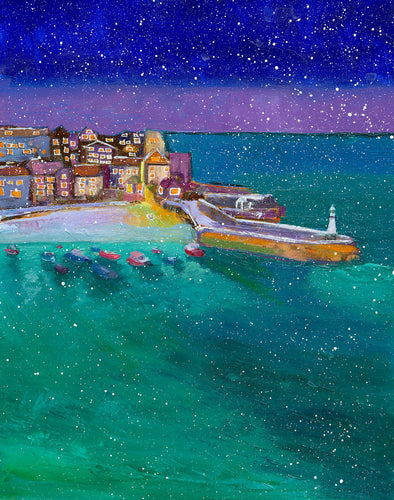 Snowy St Ives, Cornwall Seasonal  Christmas Art Greeting Card