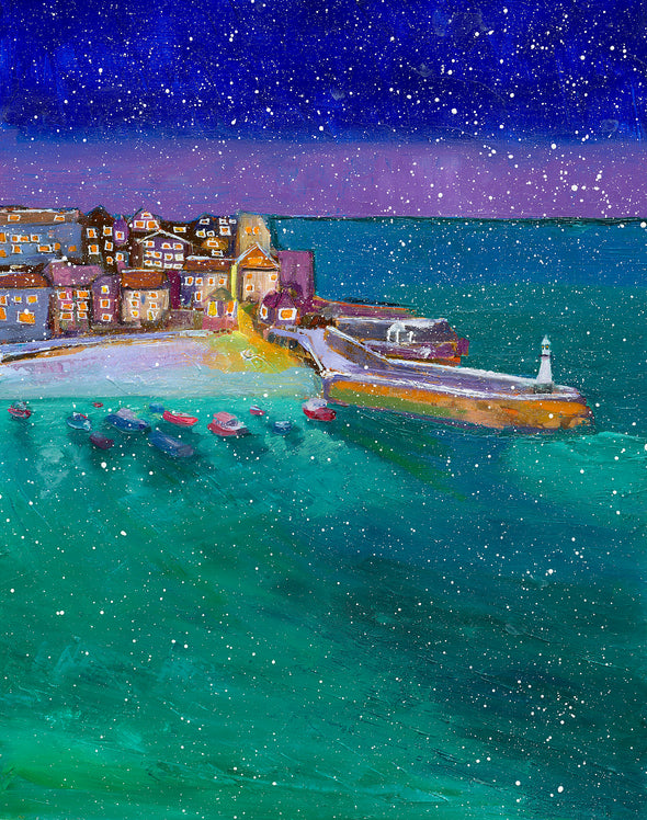Snowy St Ives, Cornwall Seasonal  Christmas Art Greeting Card