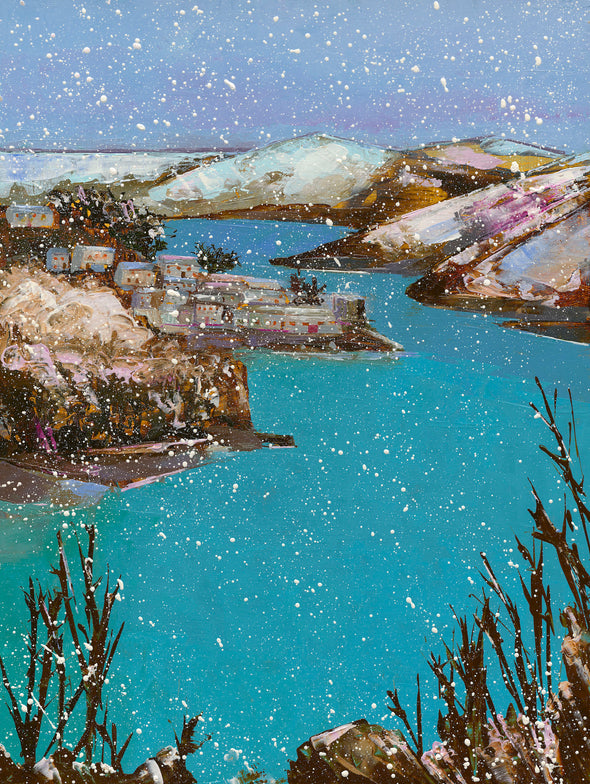 Snowy Fowey Hall Walk, Cornwall Art Greeting card By Sarah Eddy