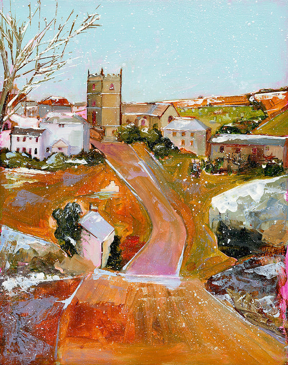 Snowy Old Zennor, Cornwall Art Greeting Card by Sarah Eddy