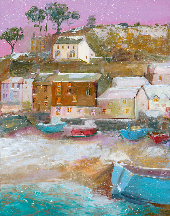 Snowy Polperro, Cornwall Art Greeting Card by Sarah Eddy