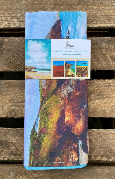 Droskyn Skies, Perranporth, Cornwall. Tea Towel 2023