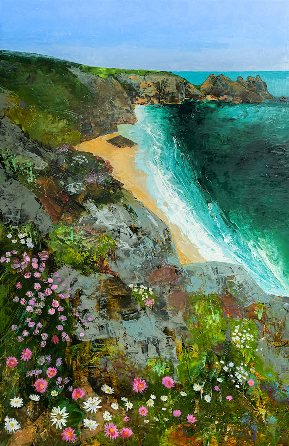 Porthcurno Flowers, Cornwall Art Greeting Card By Sarah Eddy