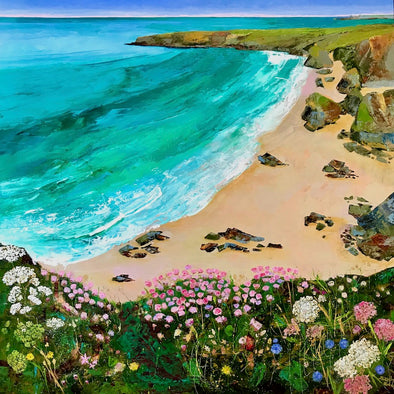 Bedruthan Steps Cornwall Original Oil Painting Sitting amongst the thrift