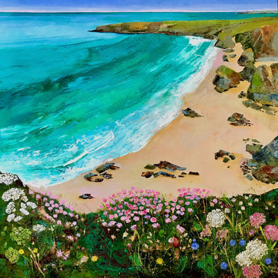 Bedruthan Steps, Cornwall, Art print, Sitting Amongst The Thrift.