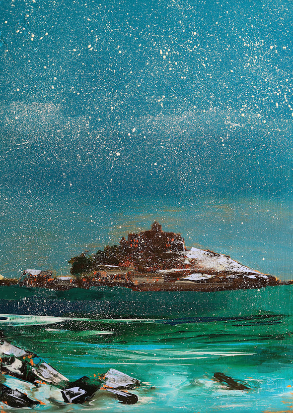 Snowy St Michael's Mount, Penzance, Cornwall Art Greeting Card by Sarah Eddy