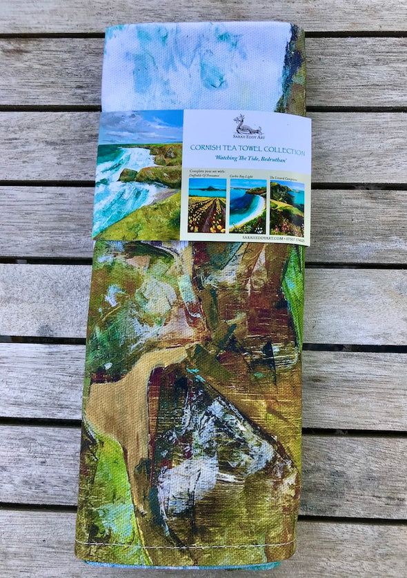 Watching the Tide, Art Tea Towel of Bedruthan Steps, Cornwall