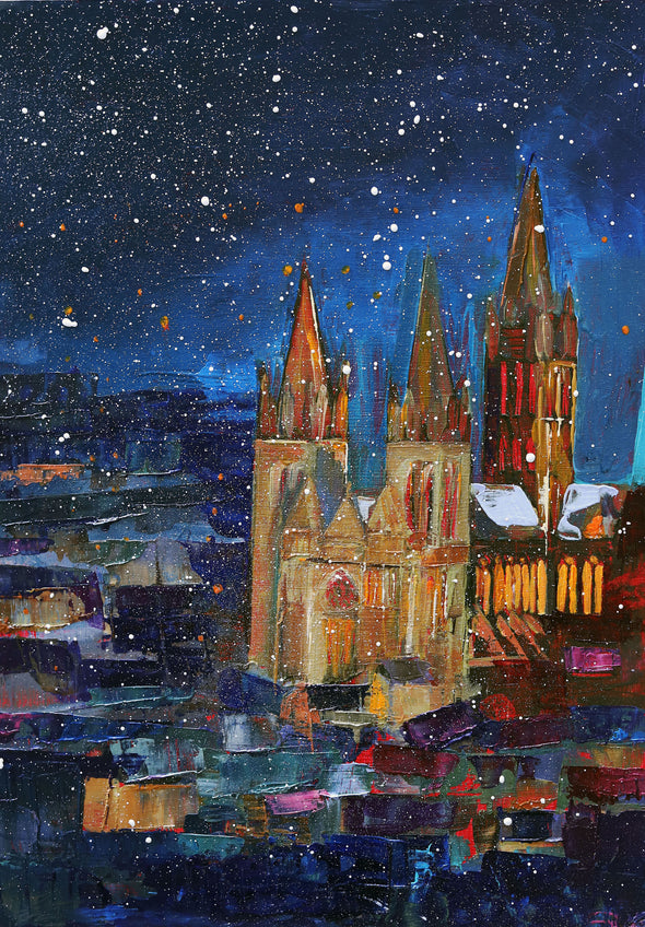 Snowy Cathedral, Truro, Cornwall Seasonal  Christmas Art Greeting Card