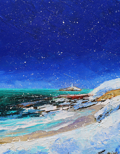 Snowy Lighthouse, Godrevy, Cornwall Art Greeting Card by Sarah Eddy
