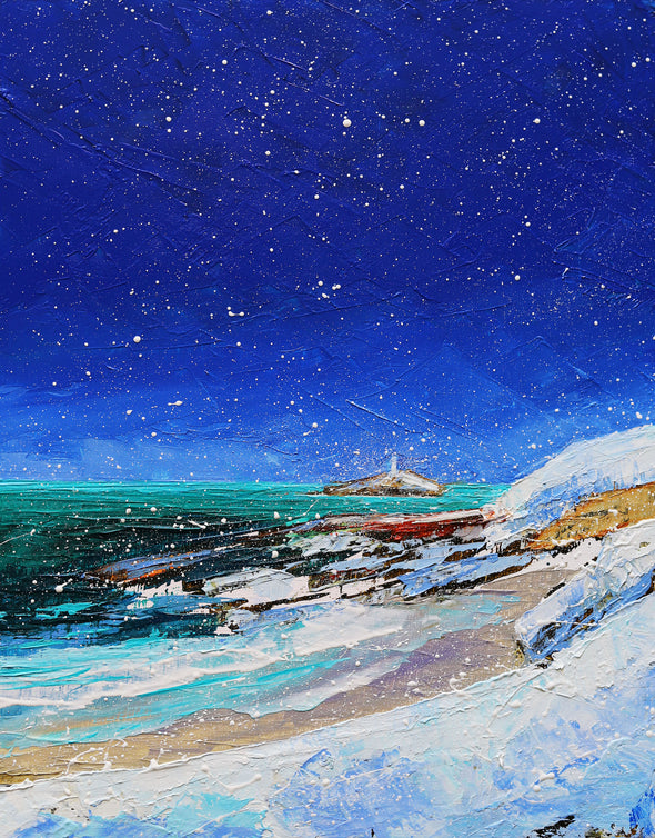 Snowy Lighthouse, Godrevy, Cornwall Art Greeting Card by Sarah Eddy