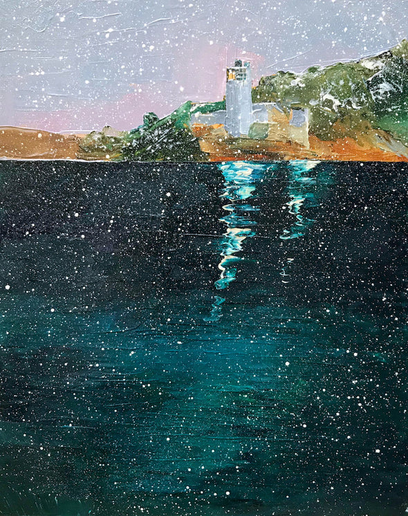 Snowy St Anthony's Lighthouse Cornwall Seasonal  Christmas Art Greeting Card